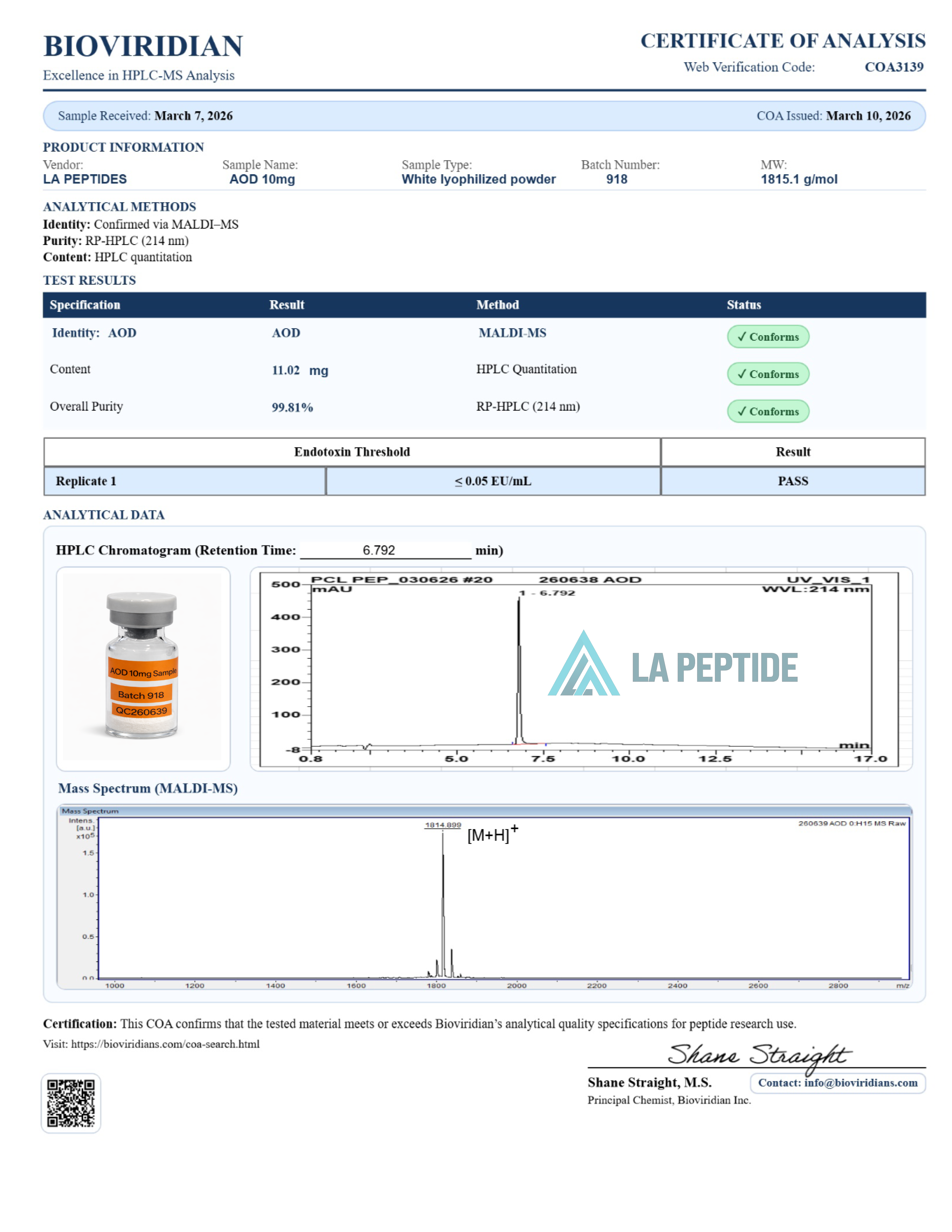 AOD-9604 certificate of analysis