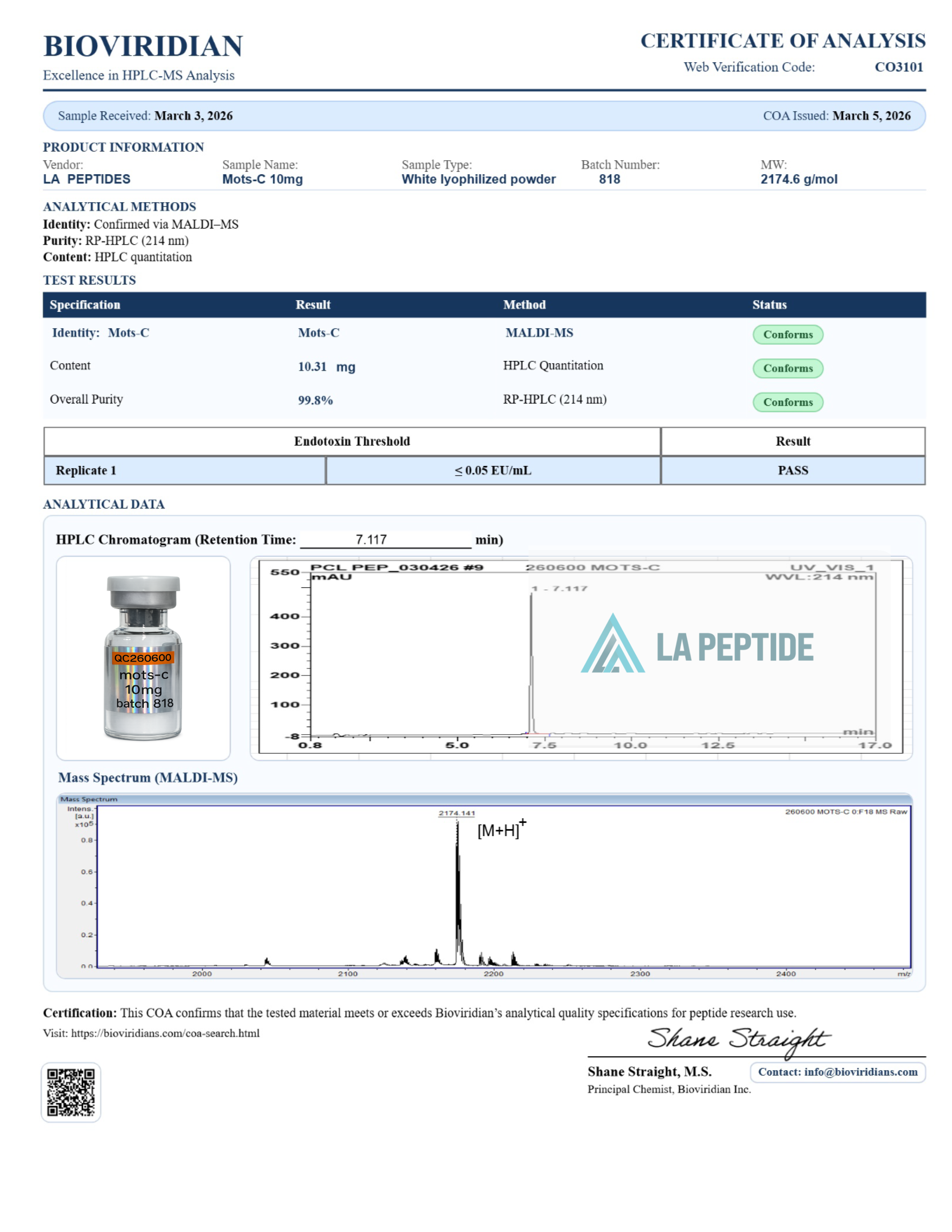 MOTS-C certificate of analysis